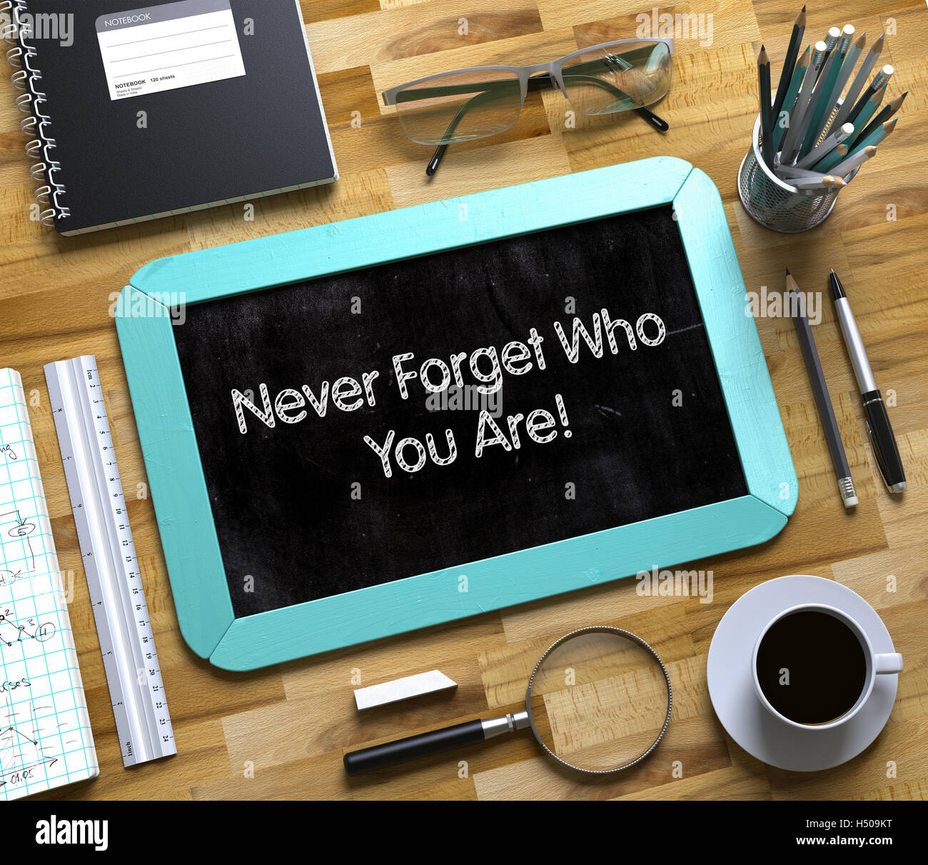 Never Forget Who You Are Concept on Small Chalkboard. 3D. Stock Photo