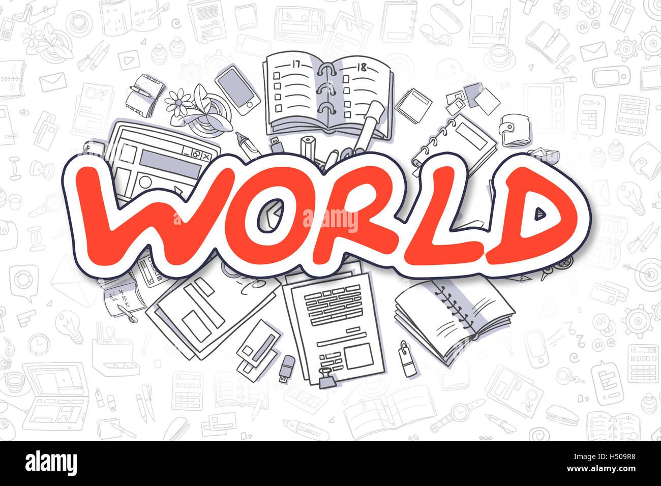 World - Doodle Red Word. Business Concept. Stock Photo