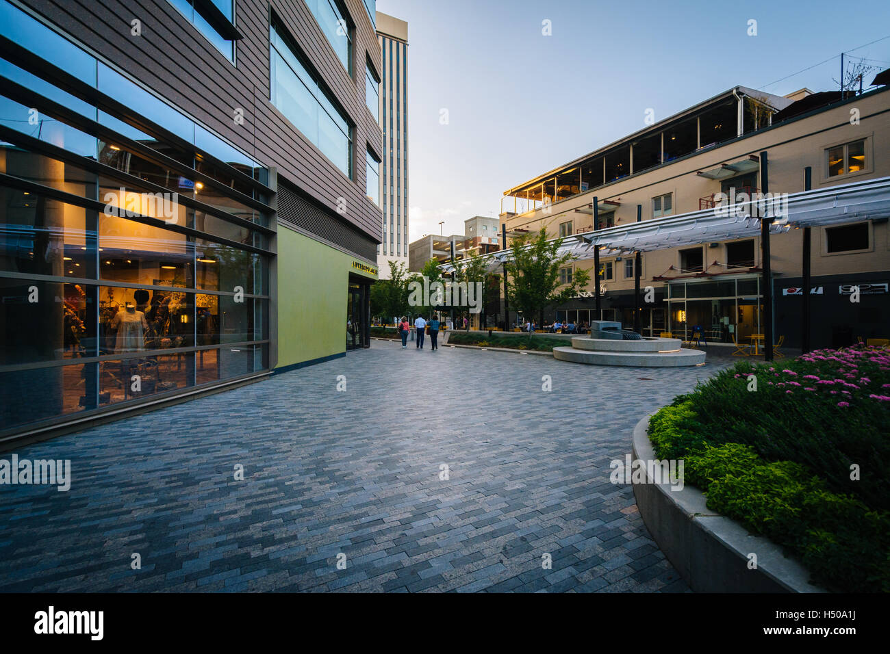Pedestrian plaza and buildings in downtown Greenville, South Carolina. Stock Photo