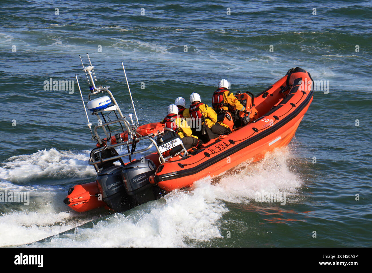 Looe RNLI with a crew of 4 out in Looe Bay testing the capabilities of their new Atlantic 85 B-894 'Sheila and Dennis Tongue II” Stock Photo