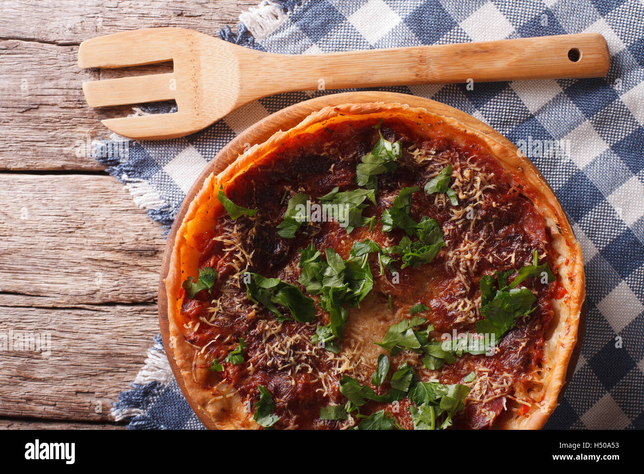 Chicago deep dish pizza closeup. horizontal view from above Stock Photo