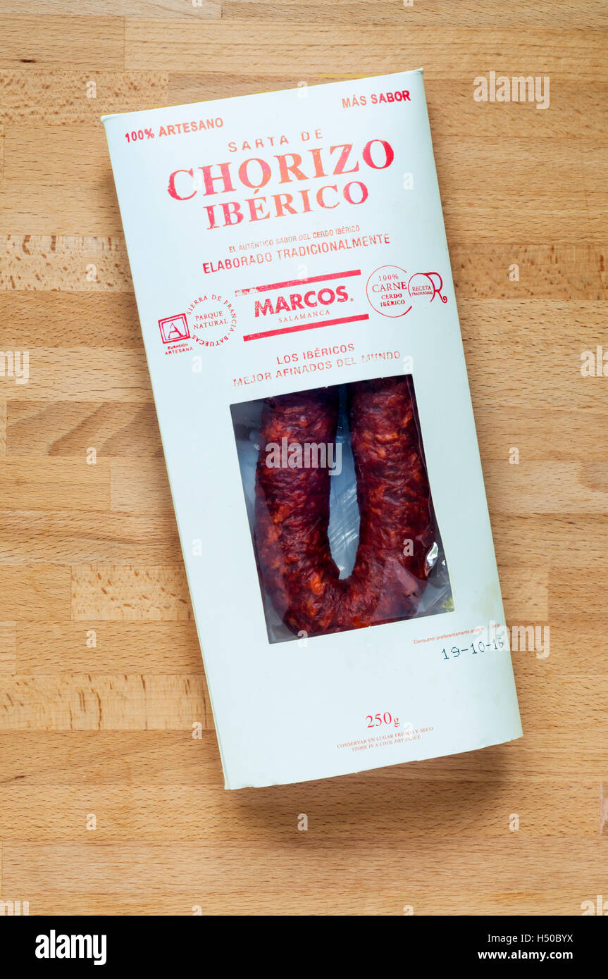 A Spanish chorizo sausage sold in the UK. Stock Photo