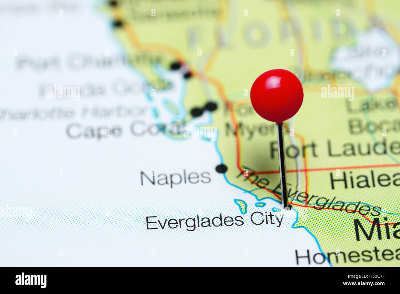 Everglades City pinned on a map of Florida, USA Stock Photo