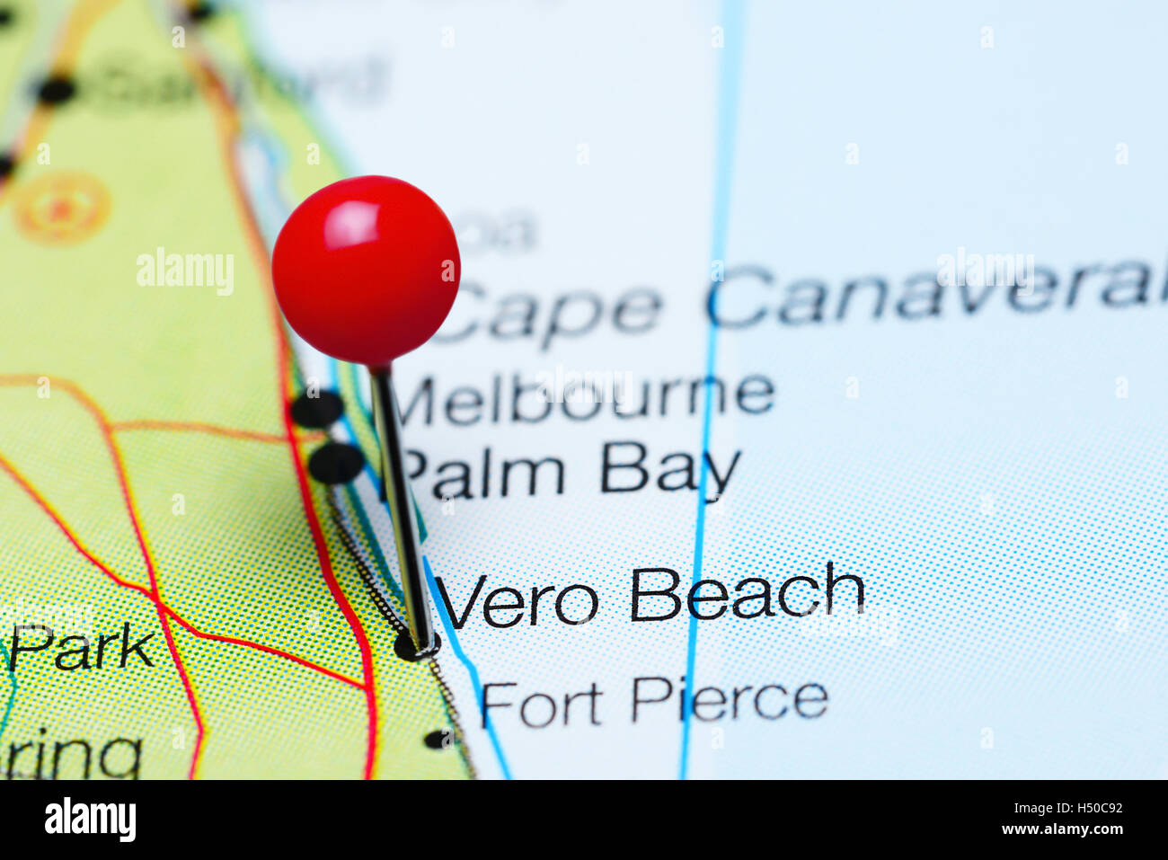 Vero Beach pinned on a map of Florida, USA Stock Photo