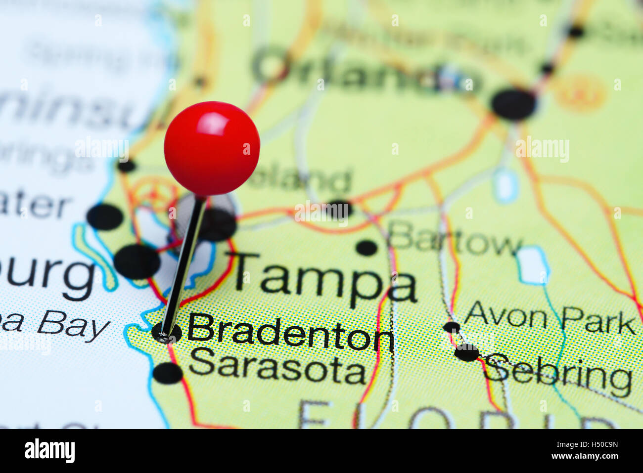 Bradenton pinned on a map of Florida, USA Stock Photo