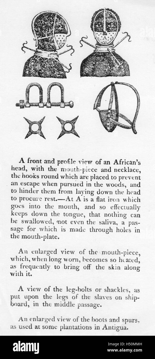 SLAVE MASKS from "The Penitential Tyrant; or, slave trader reformed" by former slave overseer turned abolitionist writer Thomas Branagan published in New York in 1807 Stock Photo