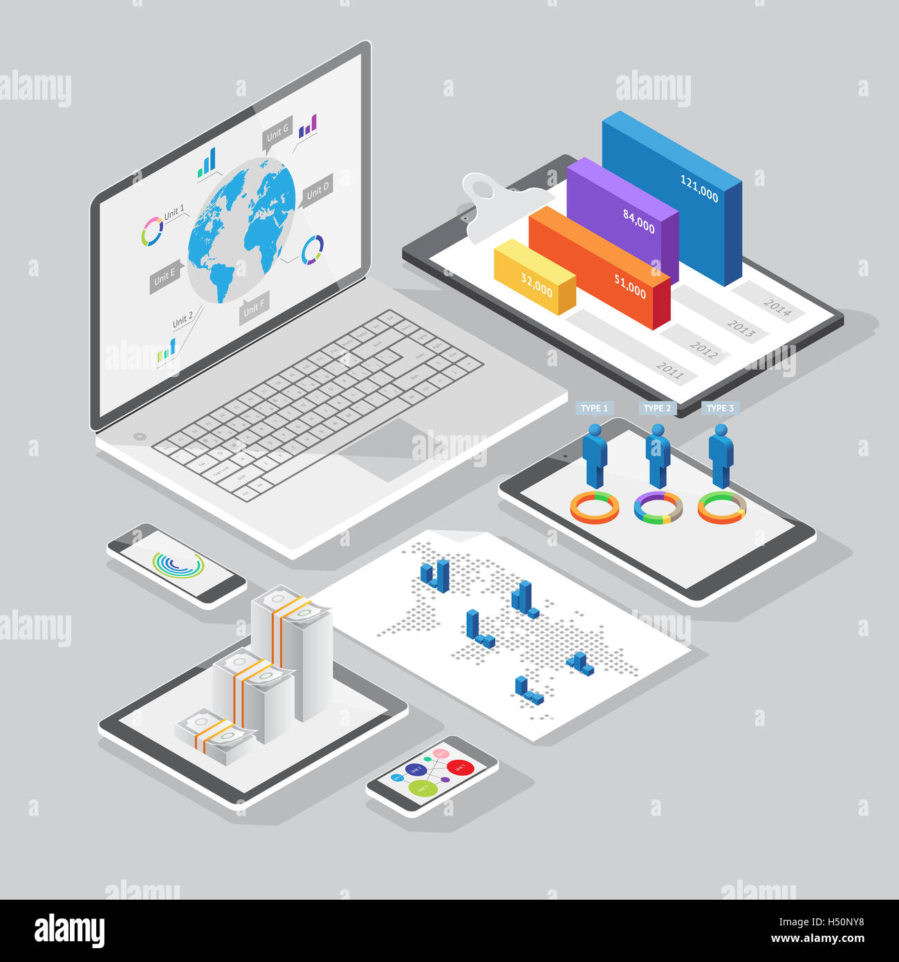 Set of infographics design elements on stationery and computer devices. Isometric style. Stock Photo