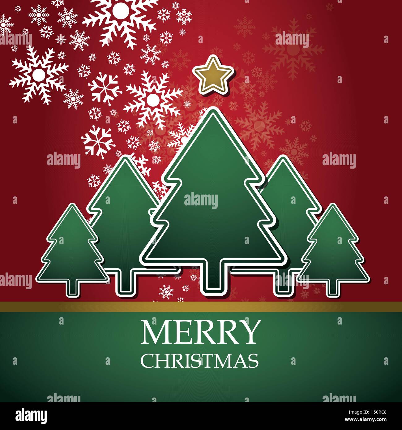 Abstract red christmas tree card template with snowflakes and a golden ...