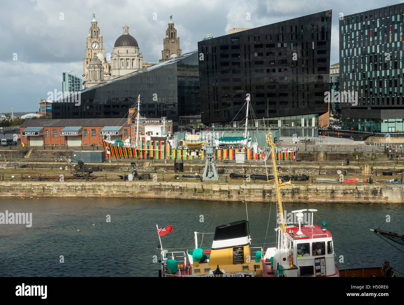 Part of The Museum of Liverpool with Mann Island Building and Open Eye Gallery, Liver Building Pier Head Merseyside UK Stock Photo