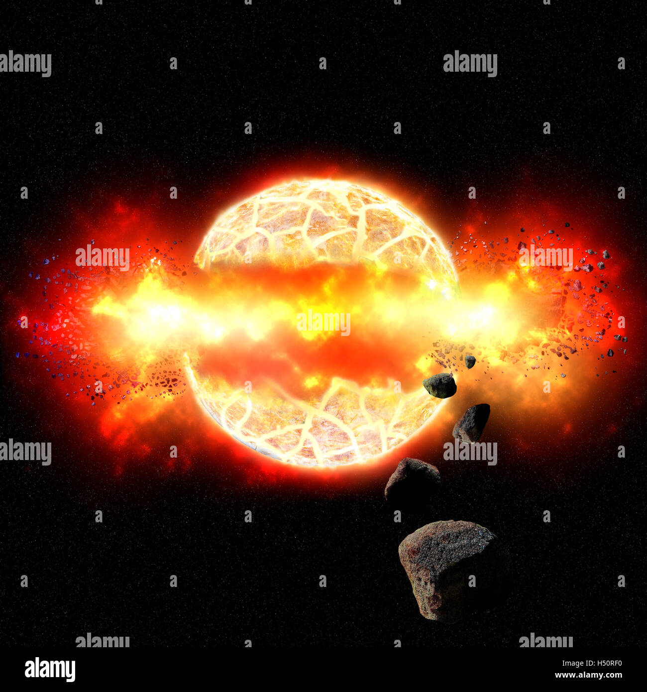 Burning planet cracks and explodes under intense heat in fiery inferno with flying debris and asteroids. Stock Photo