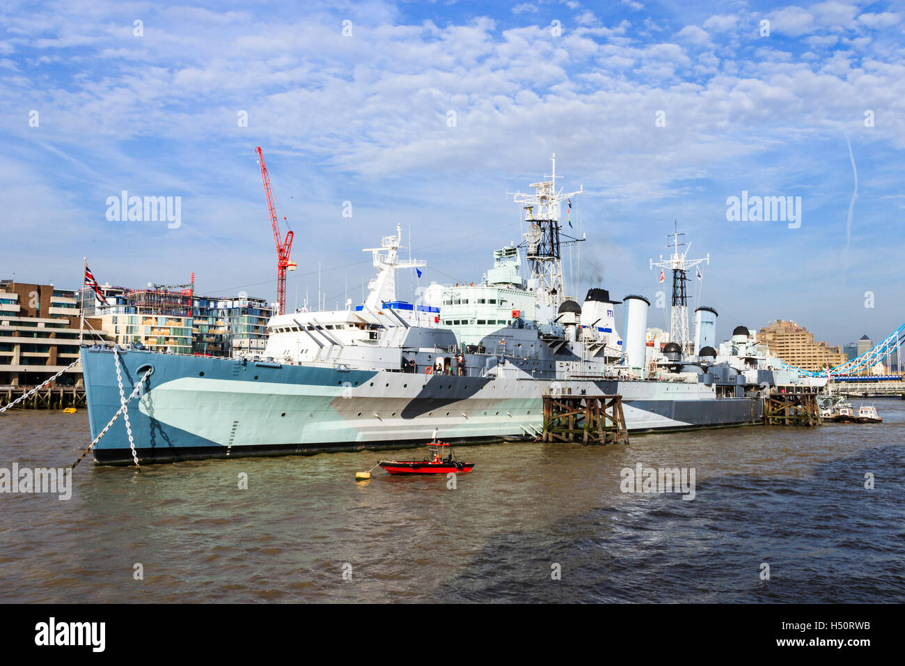 HMS Belfast, the Imperial War Museum's Second World War Royal Navy warship in the River Thames at Southwark, London, UK Stock Photo