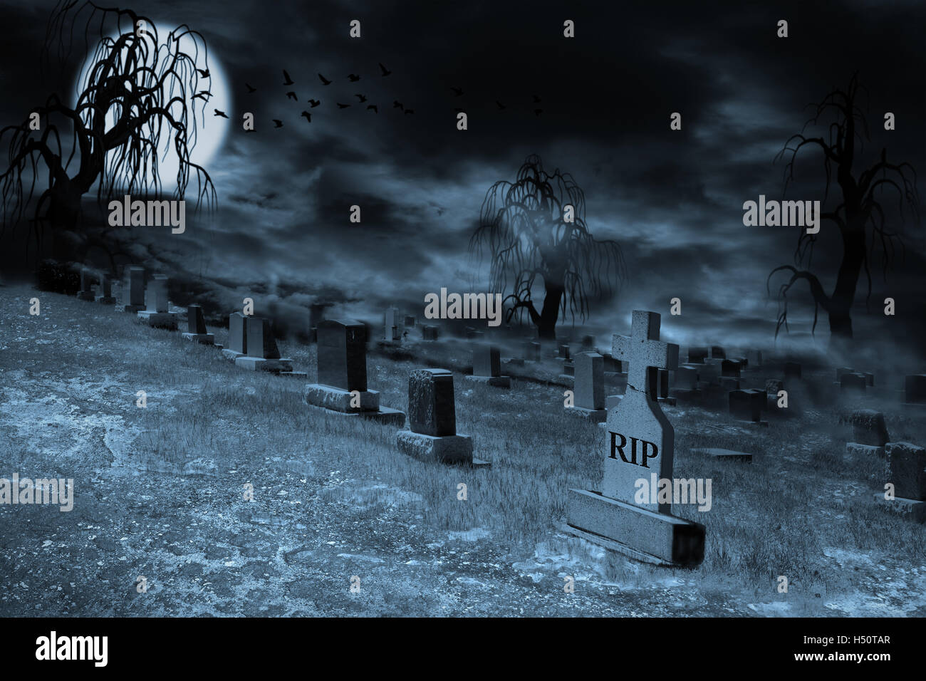 Graveyard on a supermoon-lit night with tombstones, clouds, fog and spooky trees. Silhouette of ravens flying and copy space. Stock Photo