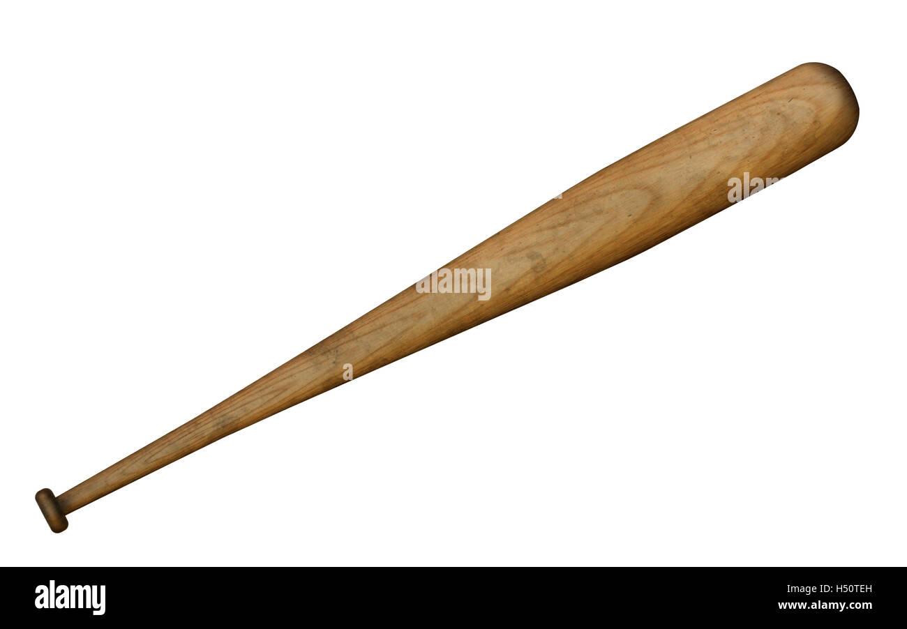 An old traditional wooden and rugged baseball bat isolated on white background. Can also be used for softball. Stock Photo