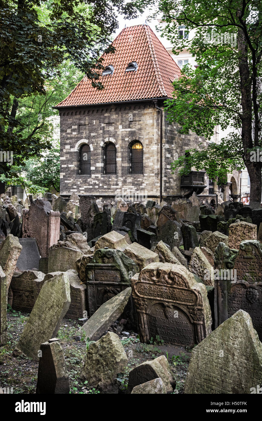 Jewish cemetery in Prague, Czech republic. Historical object. Memorial place. Many graves. Vertical composition. Stock Photo