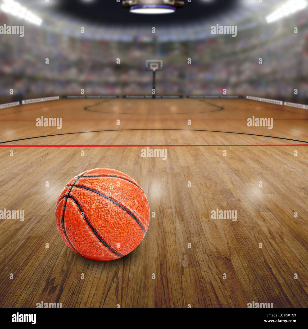 Fictitious basketball arena full of fans in the stands with ball on