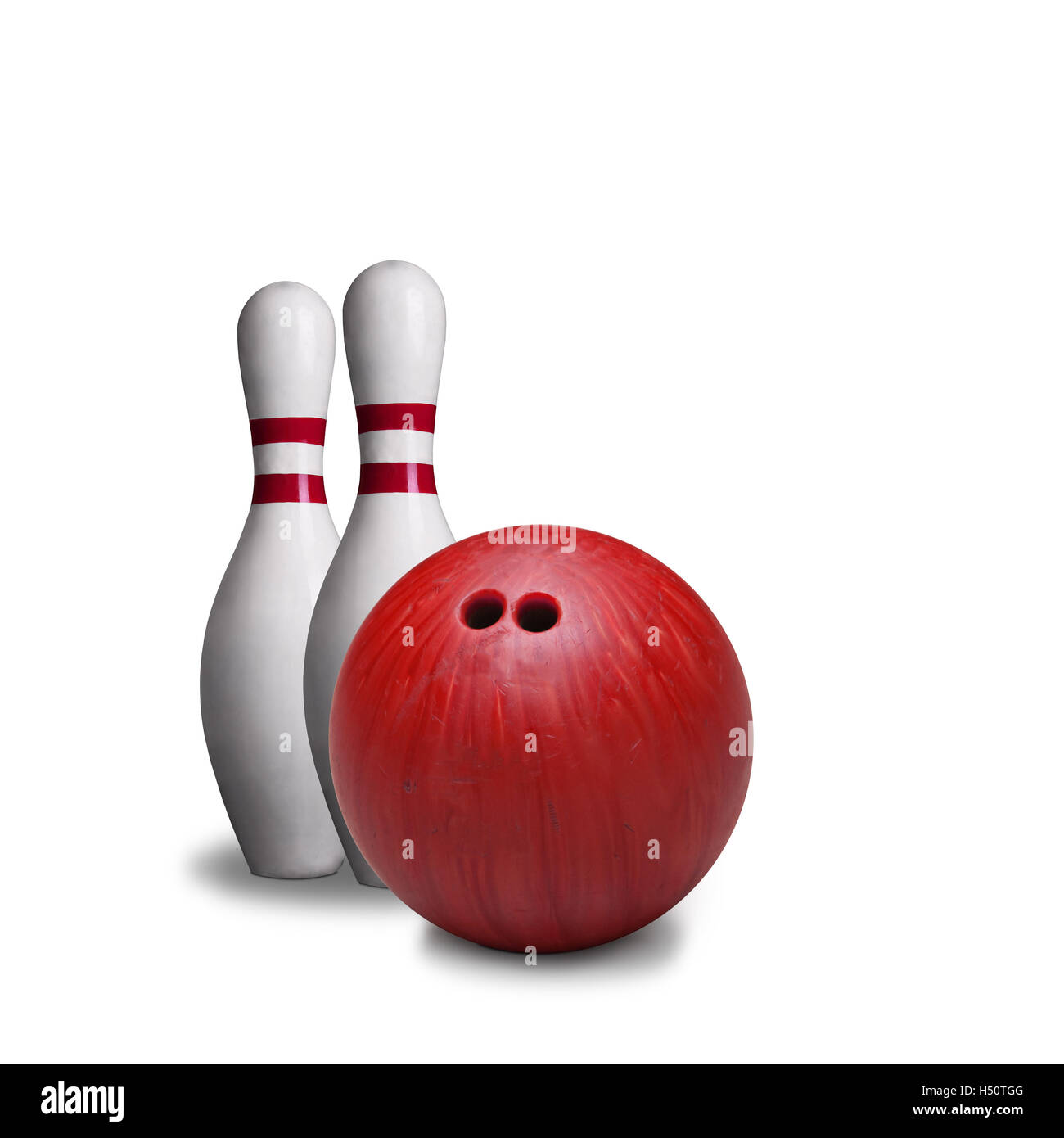 Red bowling ball and pins isolated on white background. Stock Photo