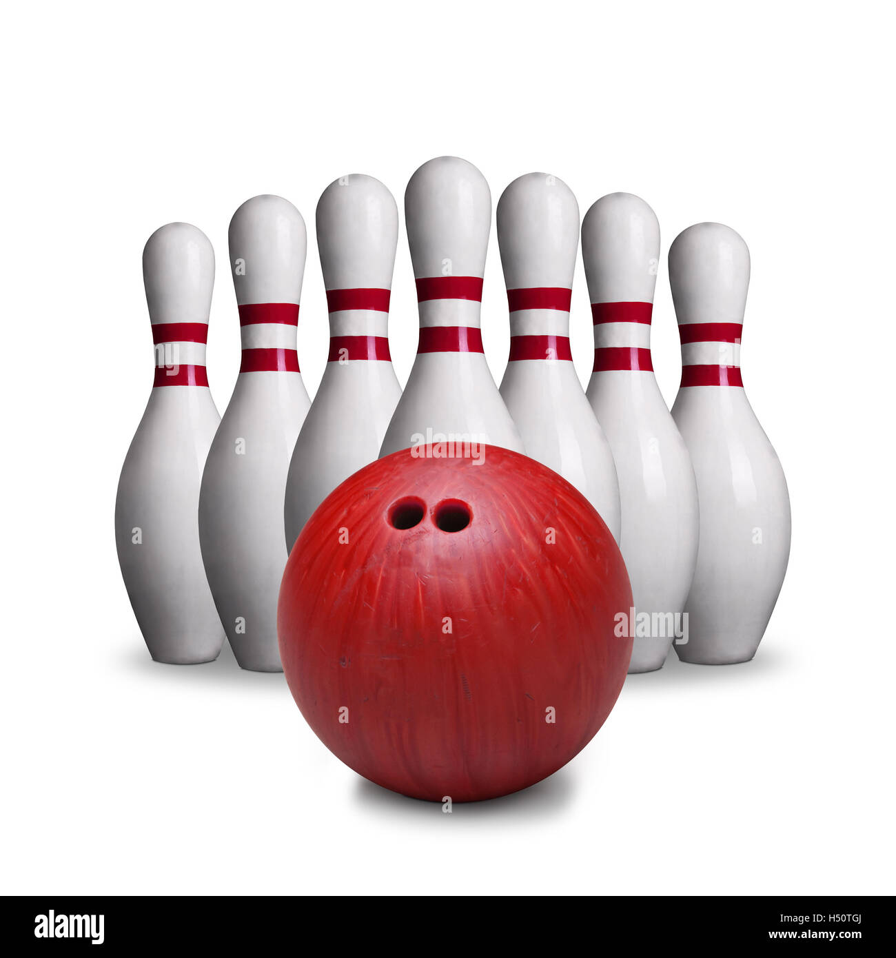 Red bowling ball and pins isolated on white background. Stock Photo