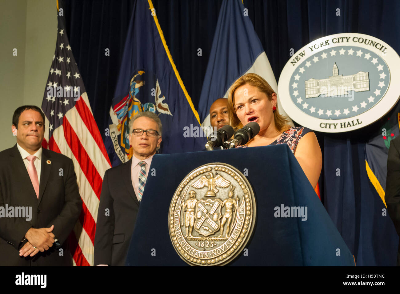 New York City Council Speaker Melissa Mark-Viverto and members of the New York City Council hold a news conference  on Thursday, October 13,  2016 in the Red Room of NY City Hall about pending legislation. Ms. Mark-Viverto  also spoke about  her experiences of being  molested as a child.  © Frances M. Roberts) Stock Photo