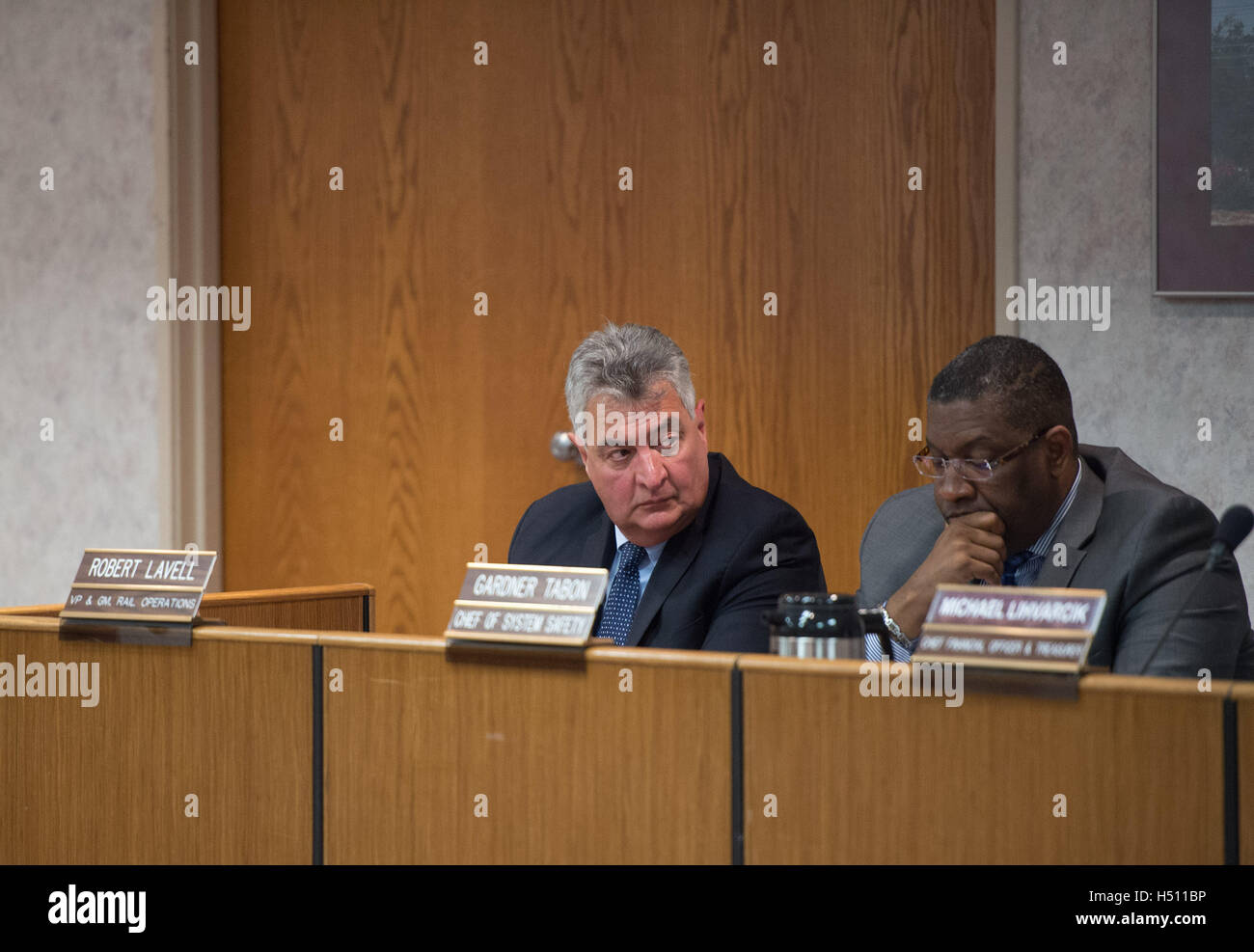 Newark, NJ, USA. 13th Oct, 2016. Board member ROBERT LAVELL, left at the New Jersey Transit Board Meeting, Thursday, October 13, 2016 in Newark. © Bryan Smith/ZUMA Wire/Alamy Live News Stock Photo