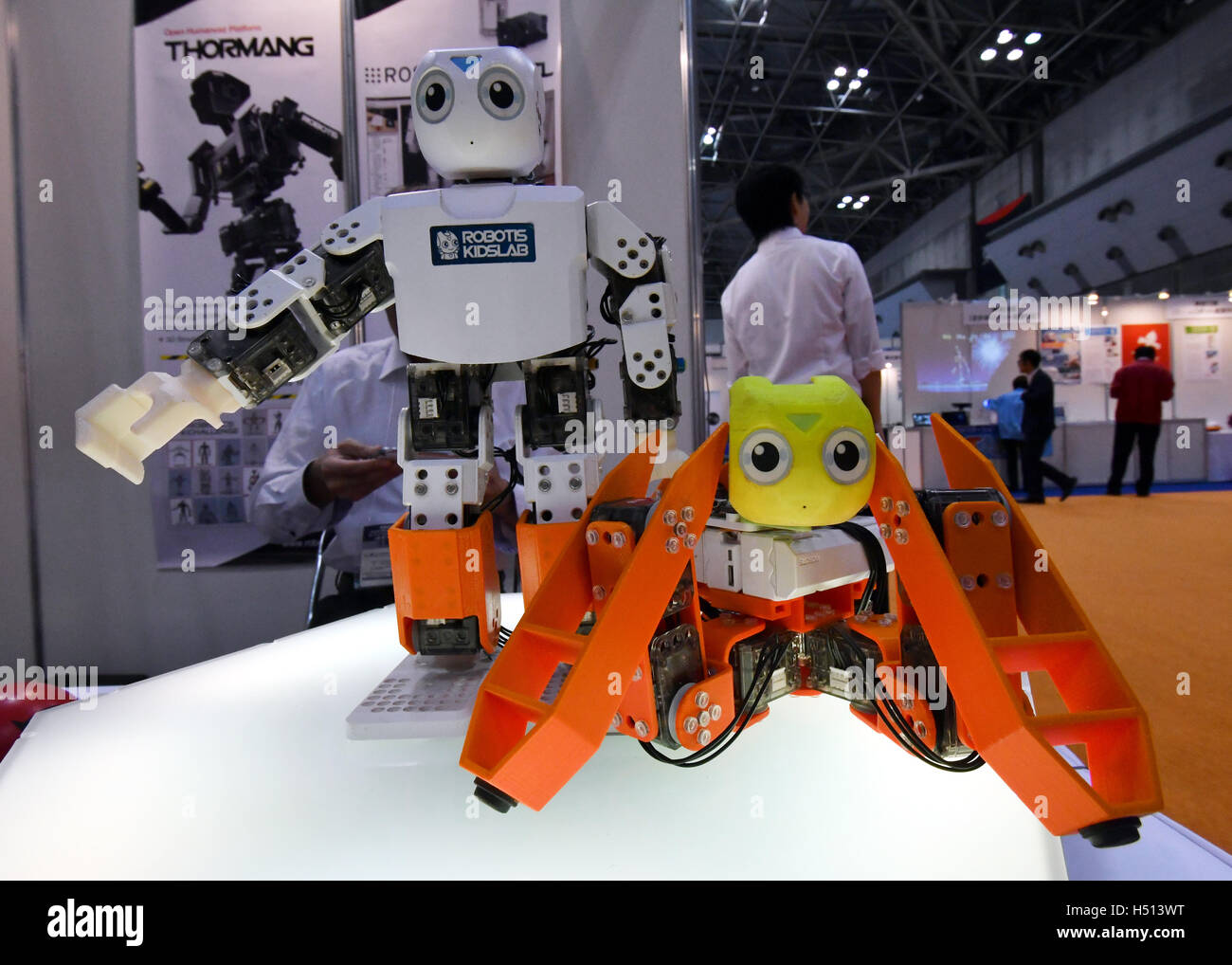 Tokyo, Japan. 19th Oct, 2016. Humanoid robots for educational research and development are displayed during the Japan Robot Week 2016, a three-day biennial trade show focusing on service robotics, including various related technologies and components, started at the Big Sight in Tokyo on Wednesday, October 19, 2016. Credit:  Natsuki Sakai/AFLO/Alamy Live News Stock Photo