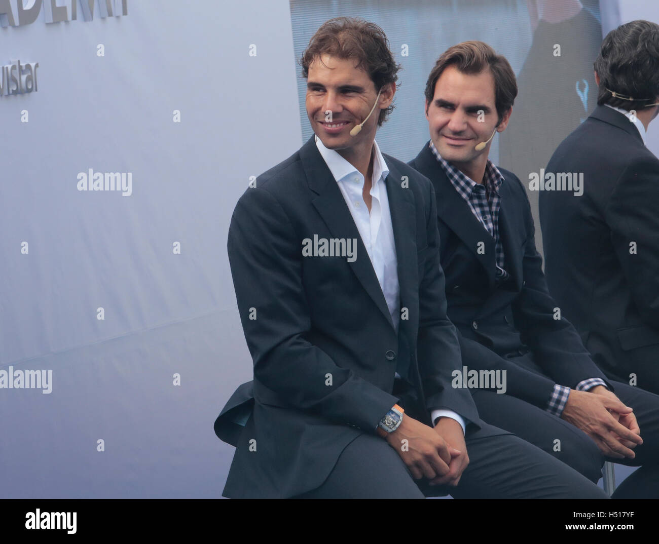 Mallorca, Spain. 19th Oct, 2016. Tennis player Rafa Nadal and Roger Federer  watch a giant screen on the opening ceremony of the Rafa Nadal tennis  academy in his birthplace village of Manacor,