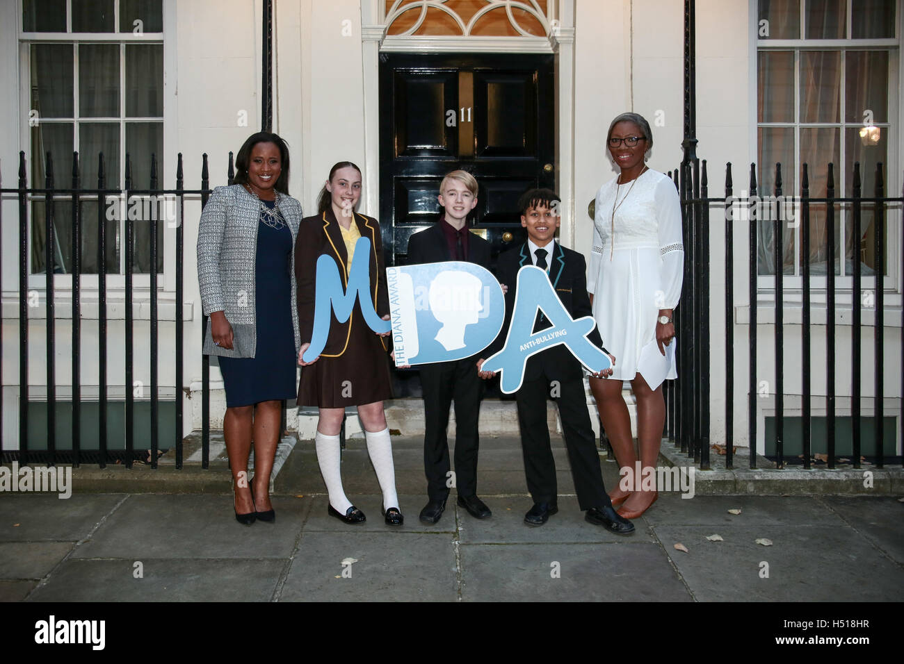 London, UK. 19th Oct, 2016. Charlene White (broadcaster, left to right), with Tara Whelan, Ryan Wiggins and Junior Frood (winners of the Diana Award) and Tessy Ojo (CEO of the Diana Award) posing for photos outside 11 Downing Street to celebrate seventeen years of the Diana Award. This award, set up in memory of Princess Diana, today has the support of both her sons the Duke of Cambridge and Prince Harry. Photo date: Wednesday, October 19, 2016. Credit:  Roger Garfield/Alamy Live News Stock Photo