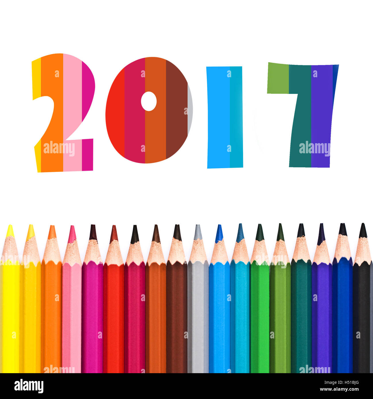 2017, row of colorful pencils isolated on white background Stock Photo