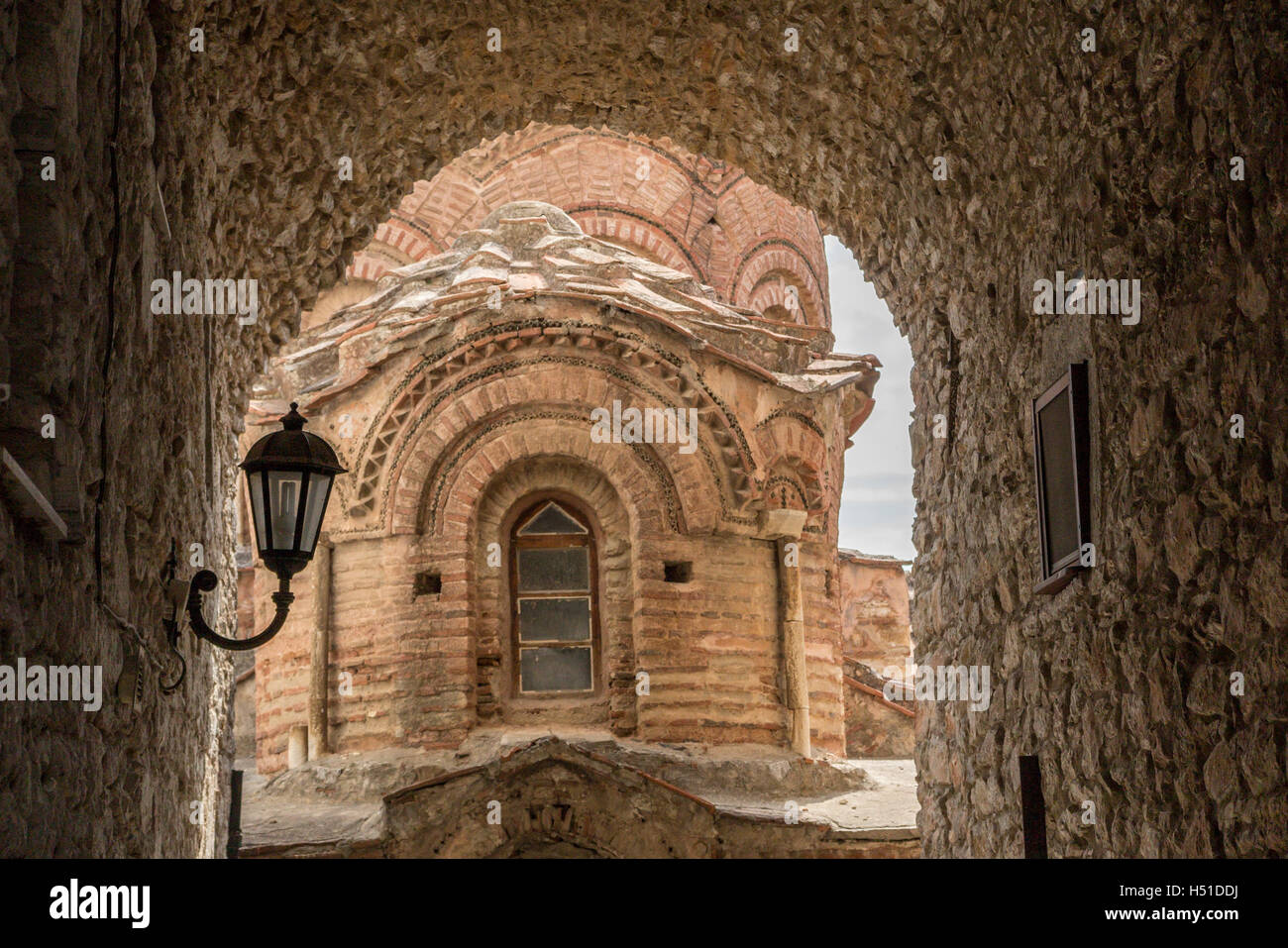 Historical Byzatine church Agios Apostoli at Pyrgi town square Chios Island Greece Stock Photo