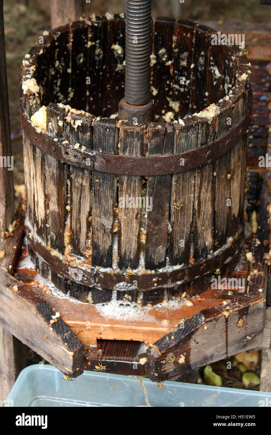 Cider press the old traditional way of making apple cider Stock Photo