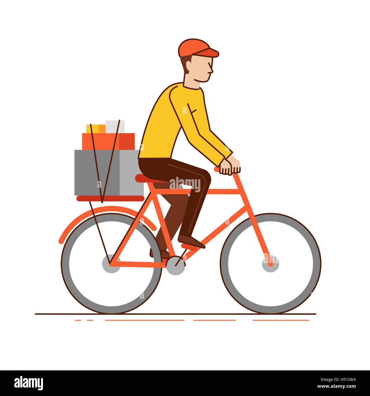 Illustration in modern flat linear style - man courier riding bicycle with boxes - delivery business concept Stock Photo