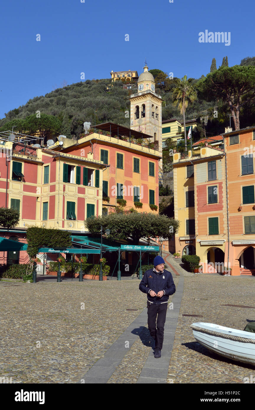 Cafe at harbor,Piazzetta of  Portofino, Genoa, Liguria, Ligurian Sea, Italy Stock Photo