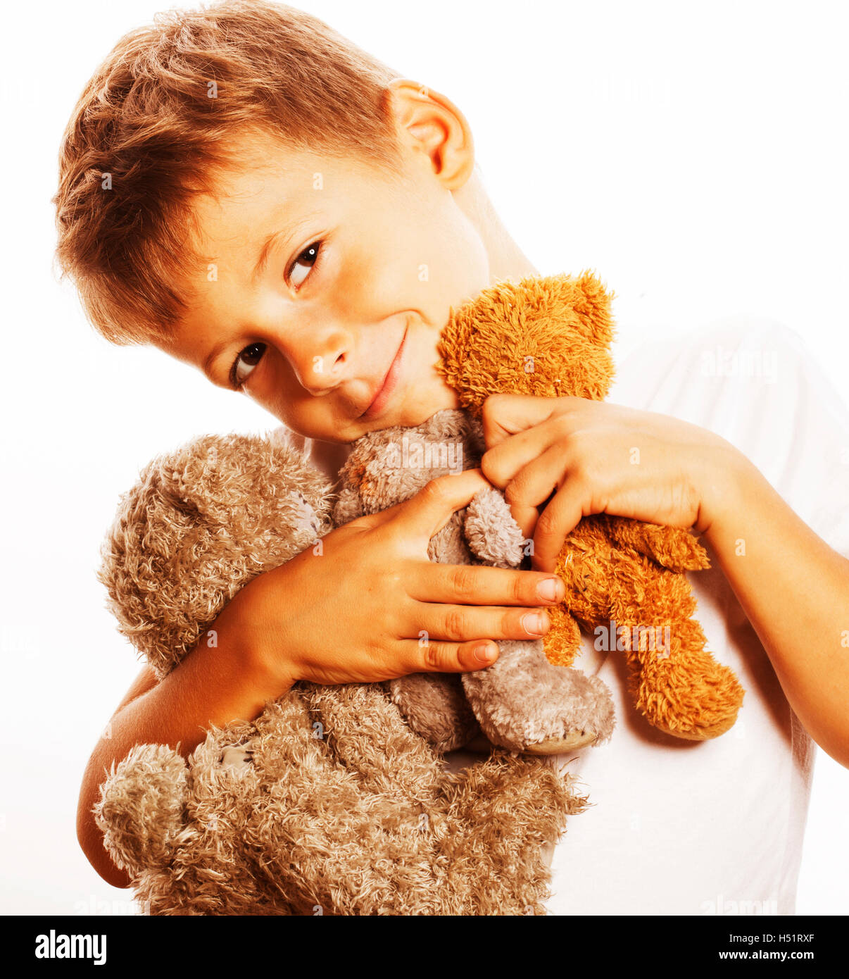 little cute boy with many teddy bears hugging isolated close up Stock ...