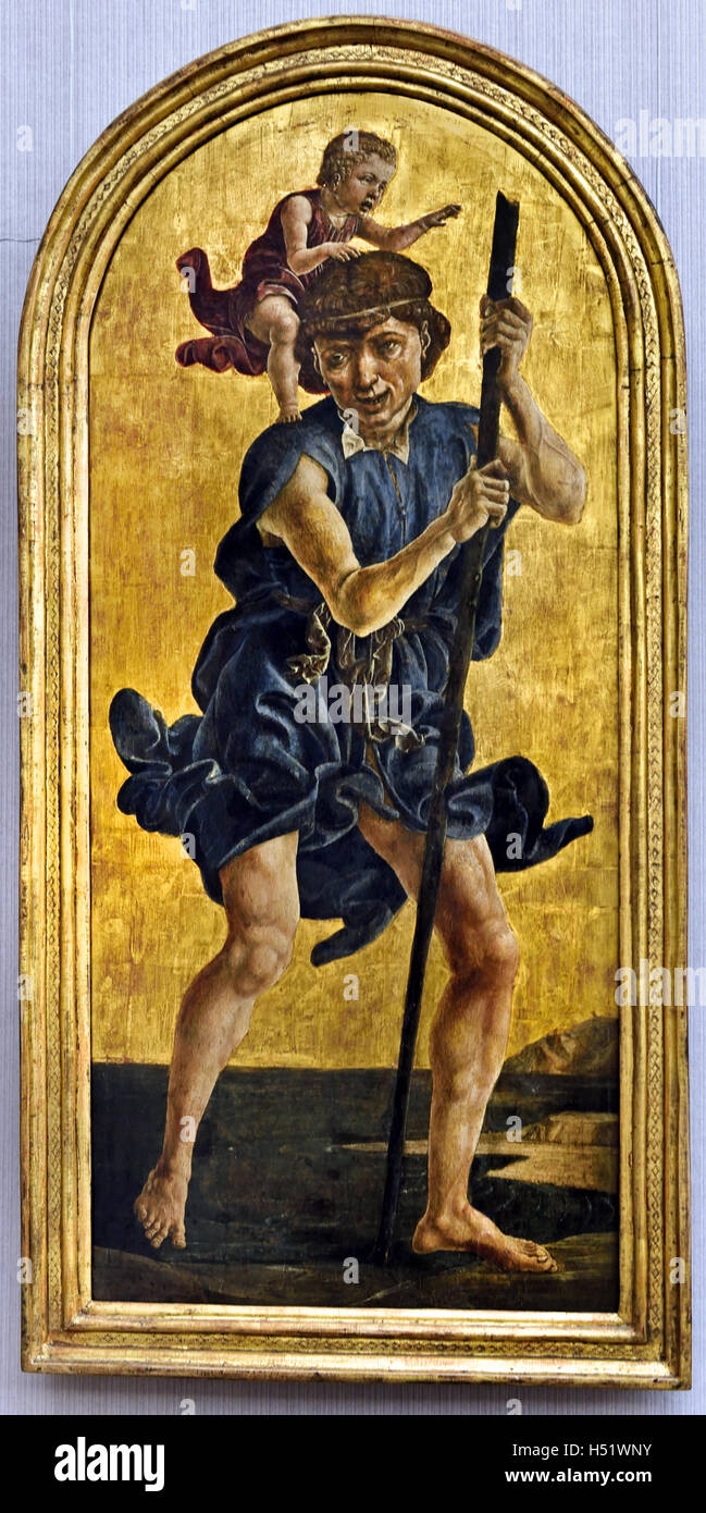 The holy Christophorus - Christopher 1484 Cosimo ( Cosme ) Tura 1403-1495 Ferrara painter Italy Italian15th Century Saint Christopher martyr killed in the reign of the 3rd-century Roman emperor Decius (reigned 249–251) or alternatively under the emperor Maximinus Daia (reigned 308–313). Patron: of bachelors, transportation, traveling, storms, Stock Photo