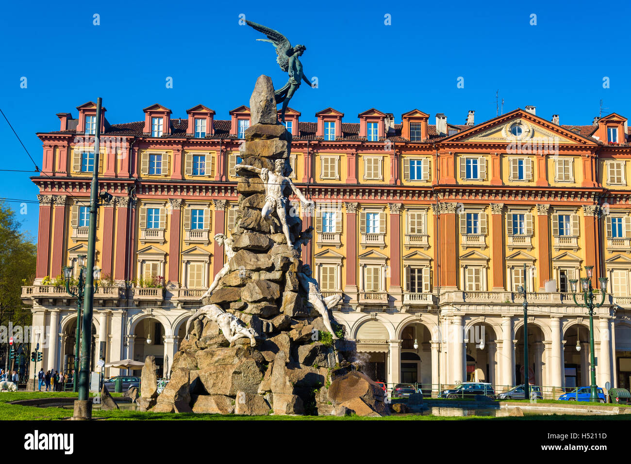 Monument to the Frejus Tunnel on Piazza Statuto in Turin - Italy Stock Photo