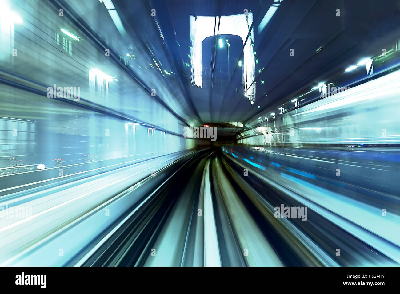 Subway tunnel with Motion blur of a city from inside, monorail in Tokyo ...