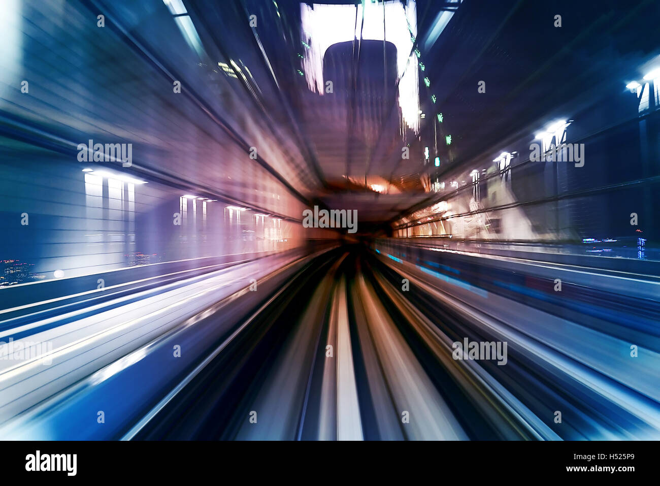 Subway tunnel with Motion blur of a city from inside, monorail in Tokyo ...