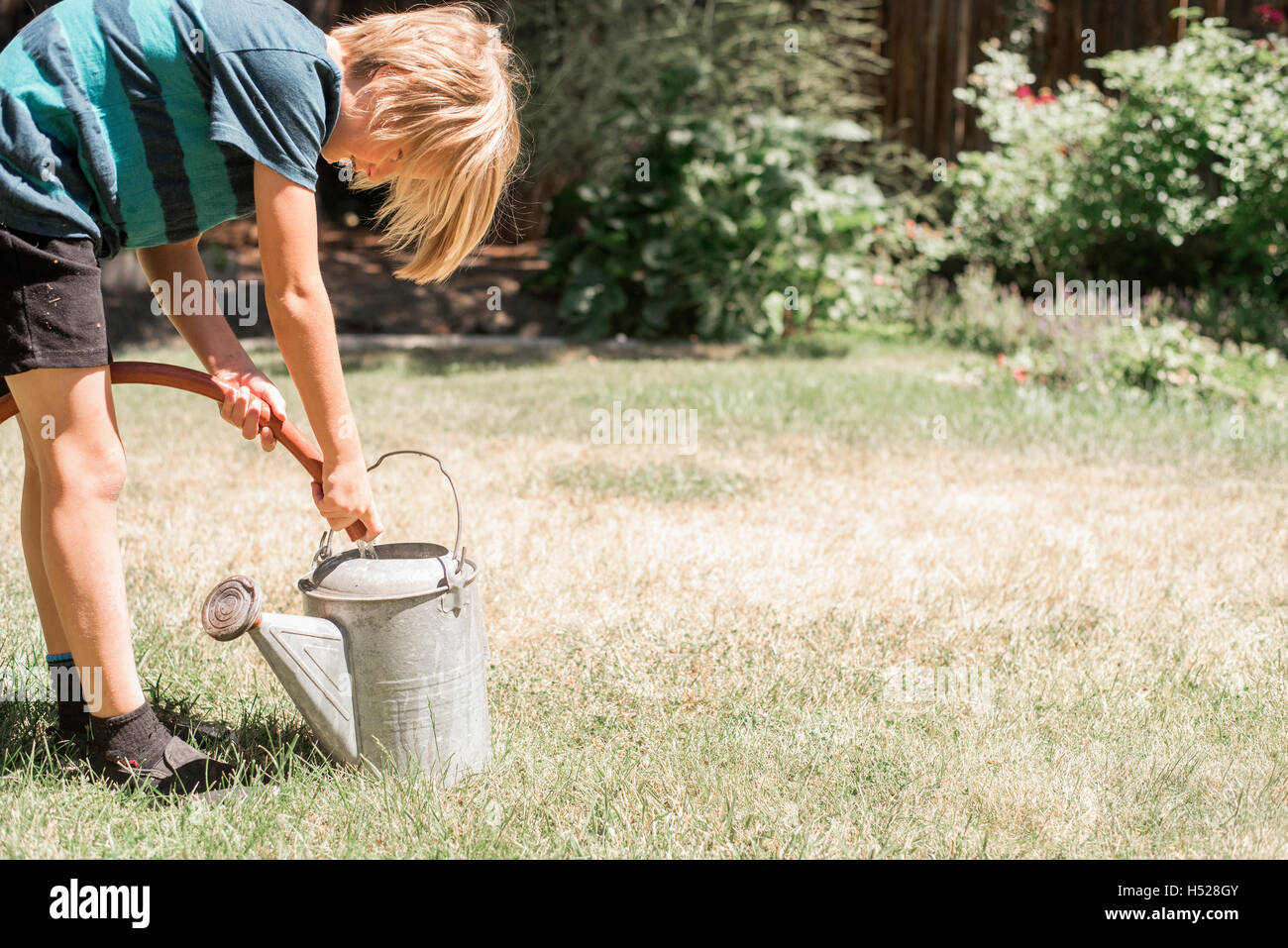 Blond boy in a garden, filling a watering can from a garden hose. Stock Photo