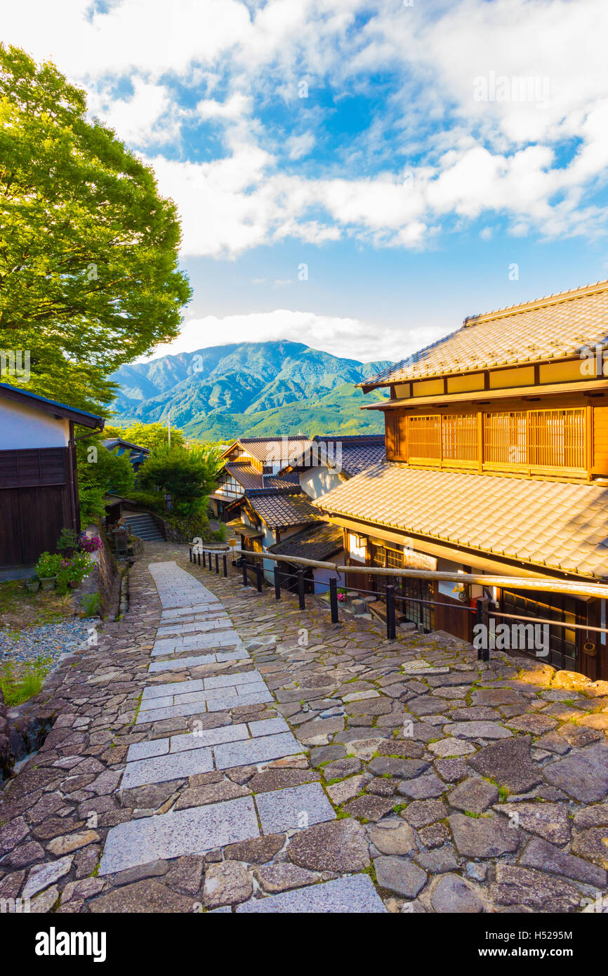 Mountain view at southern entrance of Magome town on the ancient, historic Magome-Tsumago Nakasendo trail in Kiso Valley, Japan. Stock Photo