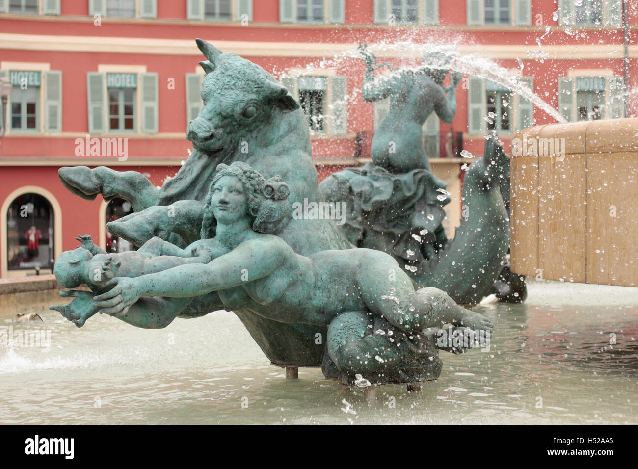 “Fontaine du Soleil”, the Sun Fountain in Place Massena, Nice, France Stock Photo