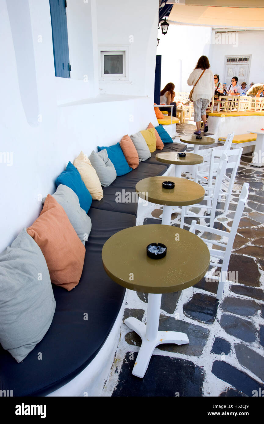 Colorful pillows at outdoor cafe on Mykonos Island in Greece Stock Photo