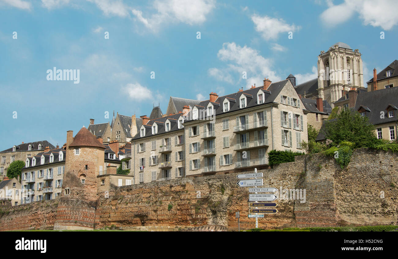 Tower and buildings part of Roman wall surrounding Plantagenet old city Le Mans France Stock Photo