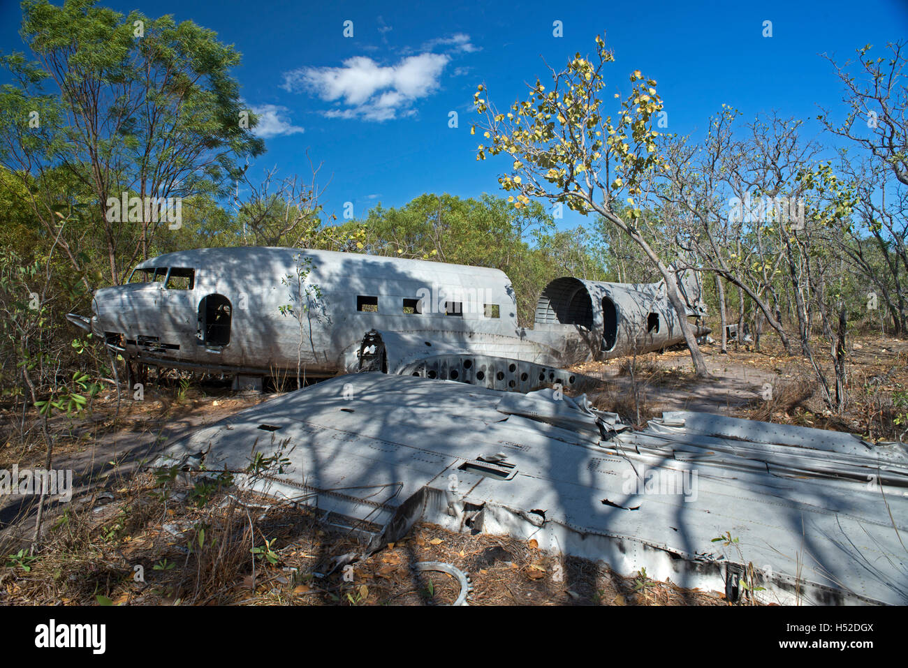 Wreck of a Douglas C-47 Skytrain, lying on the edge of a salt pan, Vansittart Bay, Western Australia.  The C-47 Stock Photo
