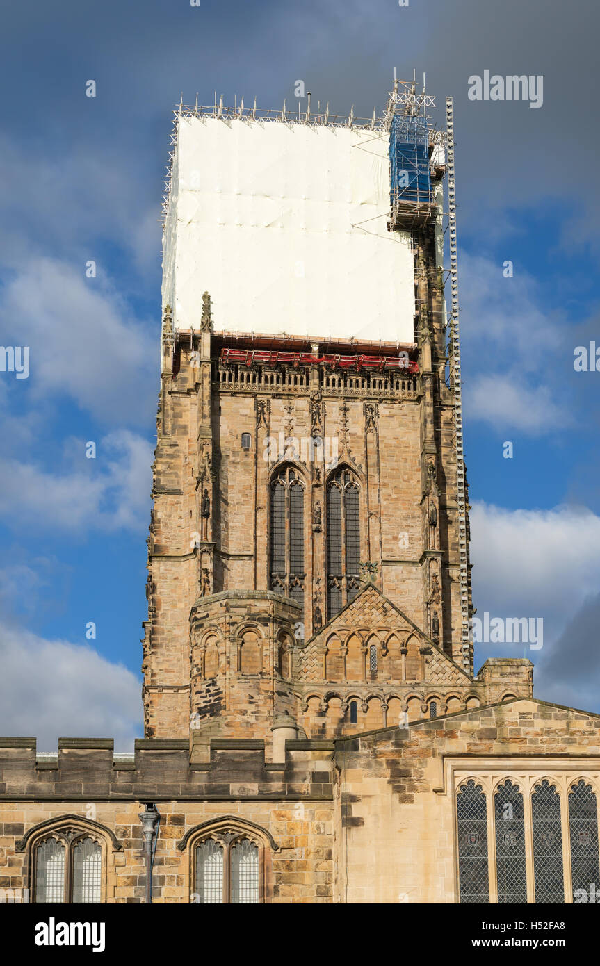 Restoration work being carried out on the tower of Durham Cathedral, Co. Durham, England, UK Stock Photo