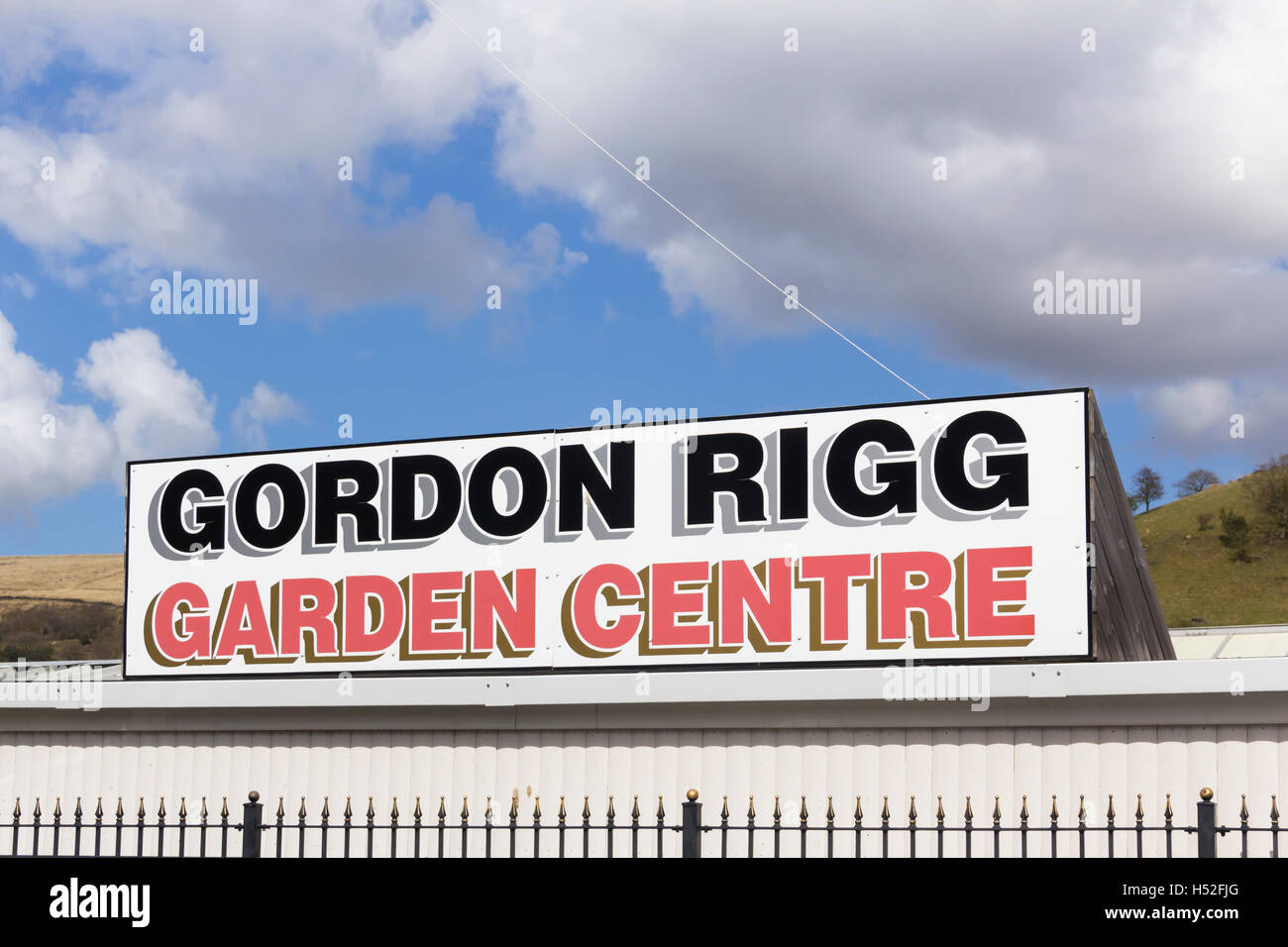 Sign for the Gordon Rigg garden centre, Rochdale Road,  Walsden in Lancashire. Gordon Rigg is a family business. Stock Photo