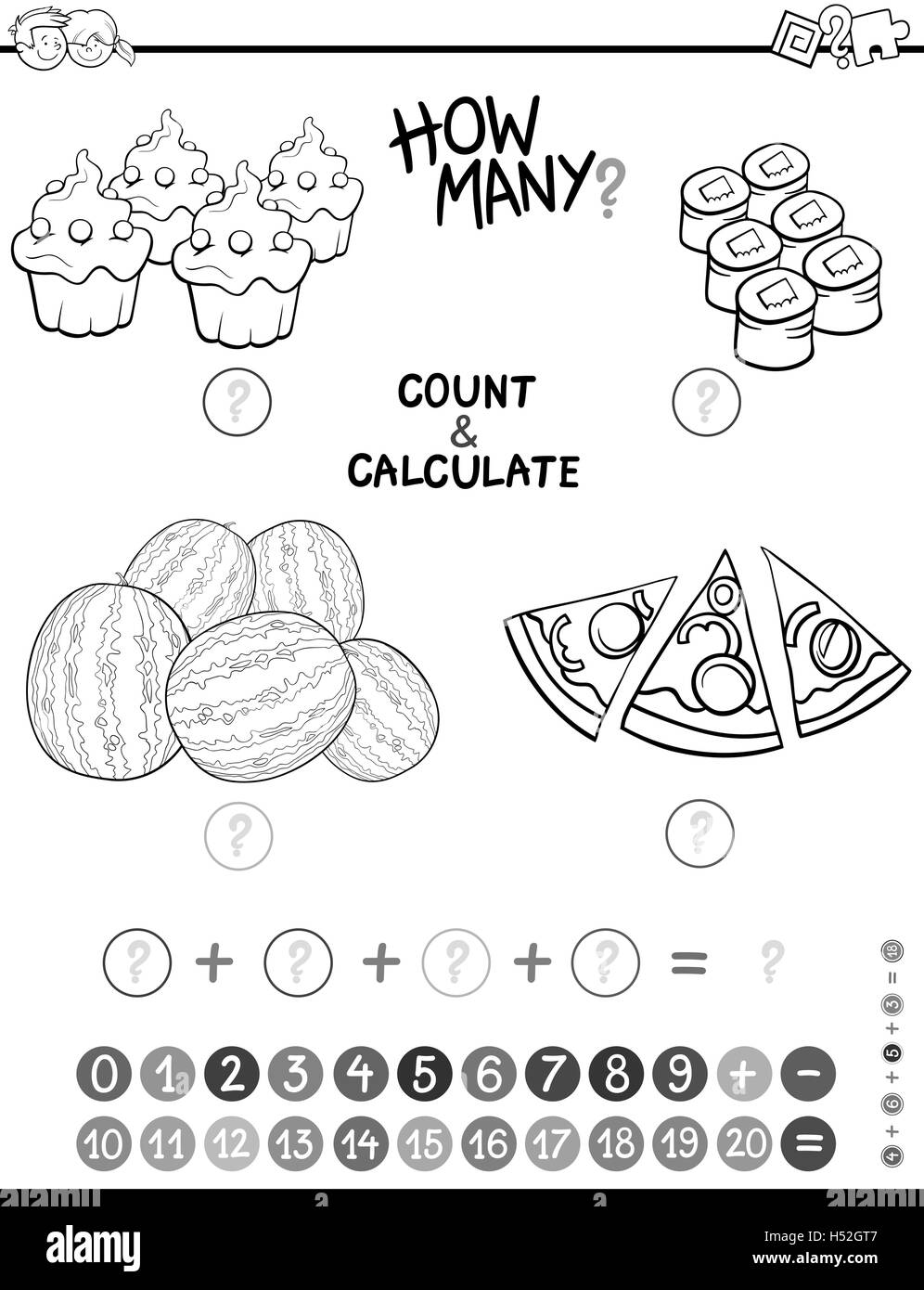 Black and White Cartoon Illustration of Educational Mathematical Count and Addition Activity for Preschool Children Coloring Pag Stock Vector