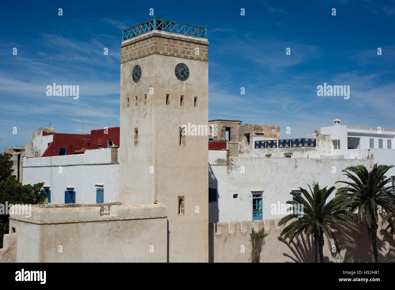 View of clock tower in Essaouira. Stock Photo