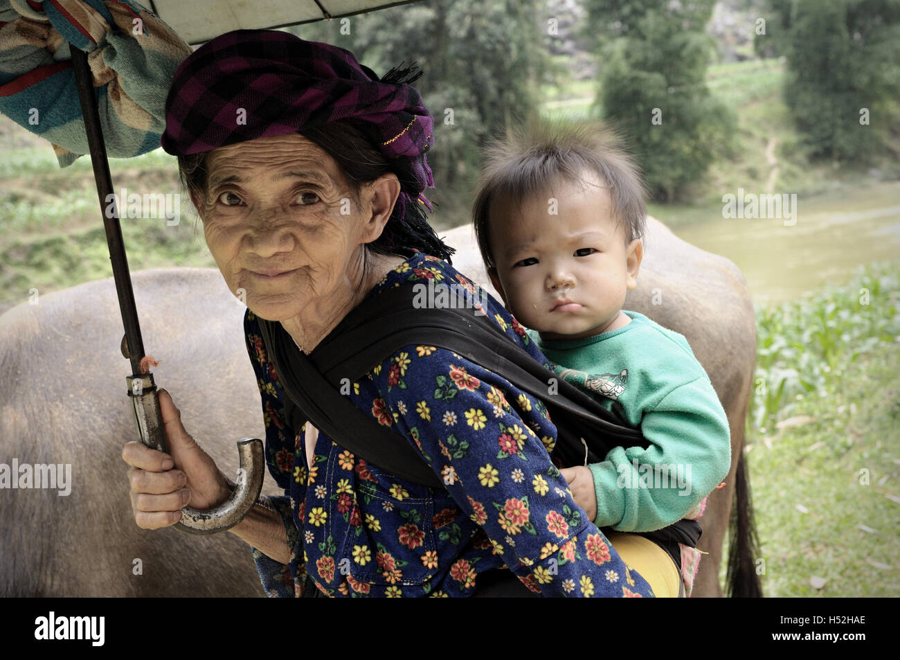 Grandmother of the Hmong ethnic minority in Ha Giang province carrying her grandson, North Vietnam Stock Photo