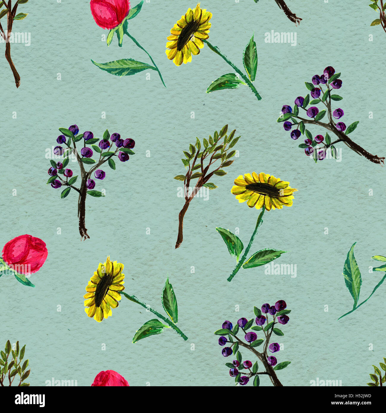 Seamless pattern with flowers and berries Stock Photo - Alamy