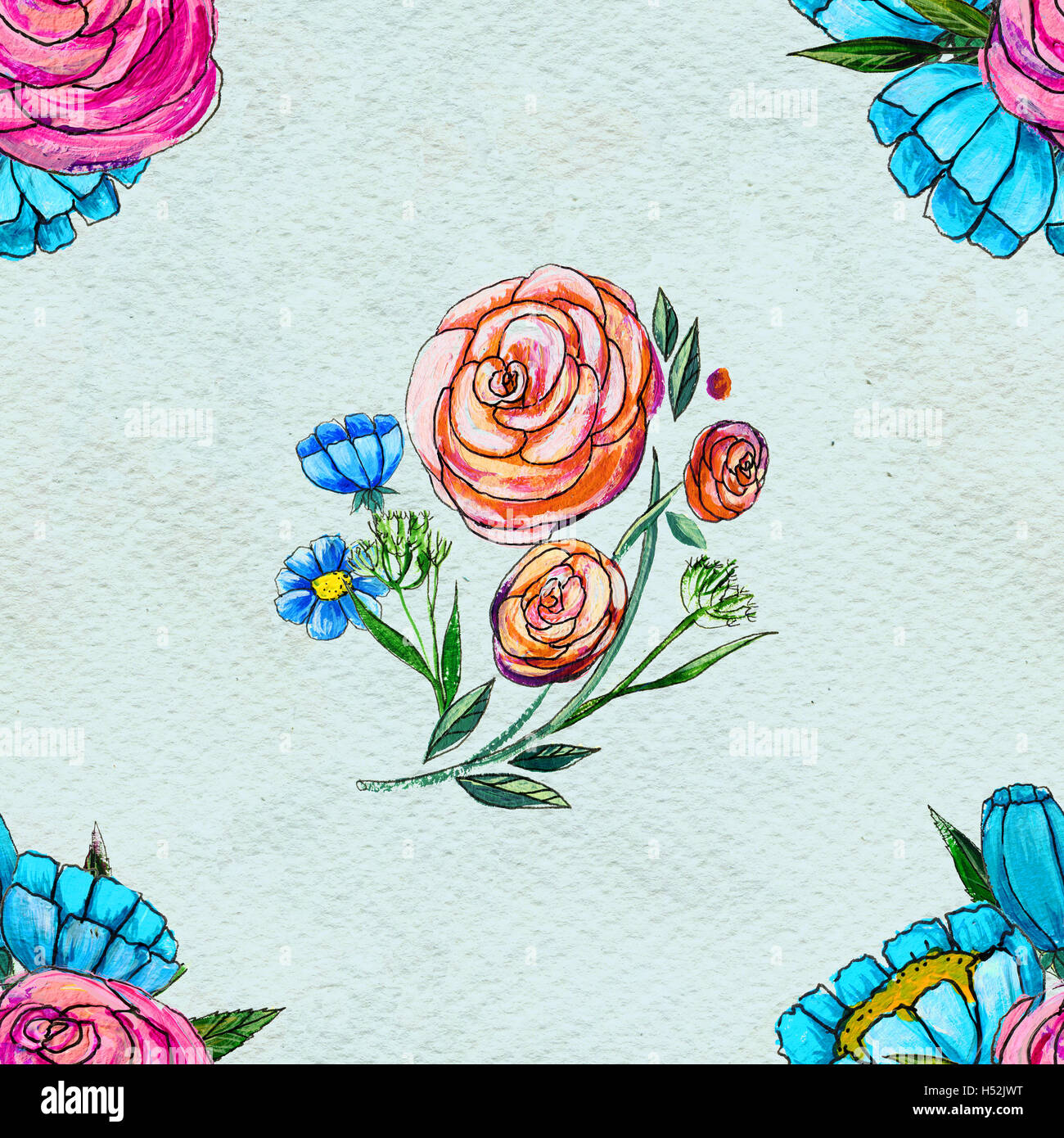Seamless pattern with blue and pink flowers Stock Photo - Alamy