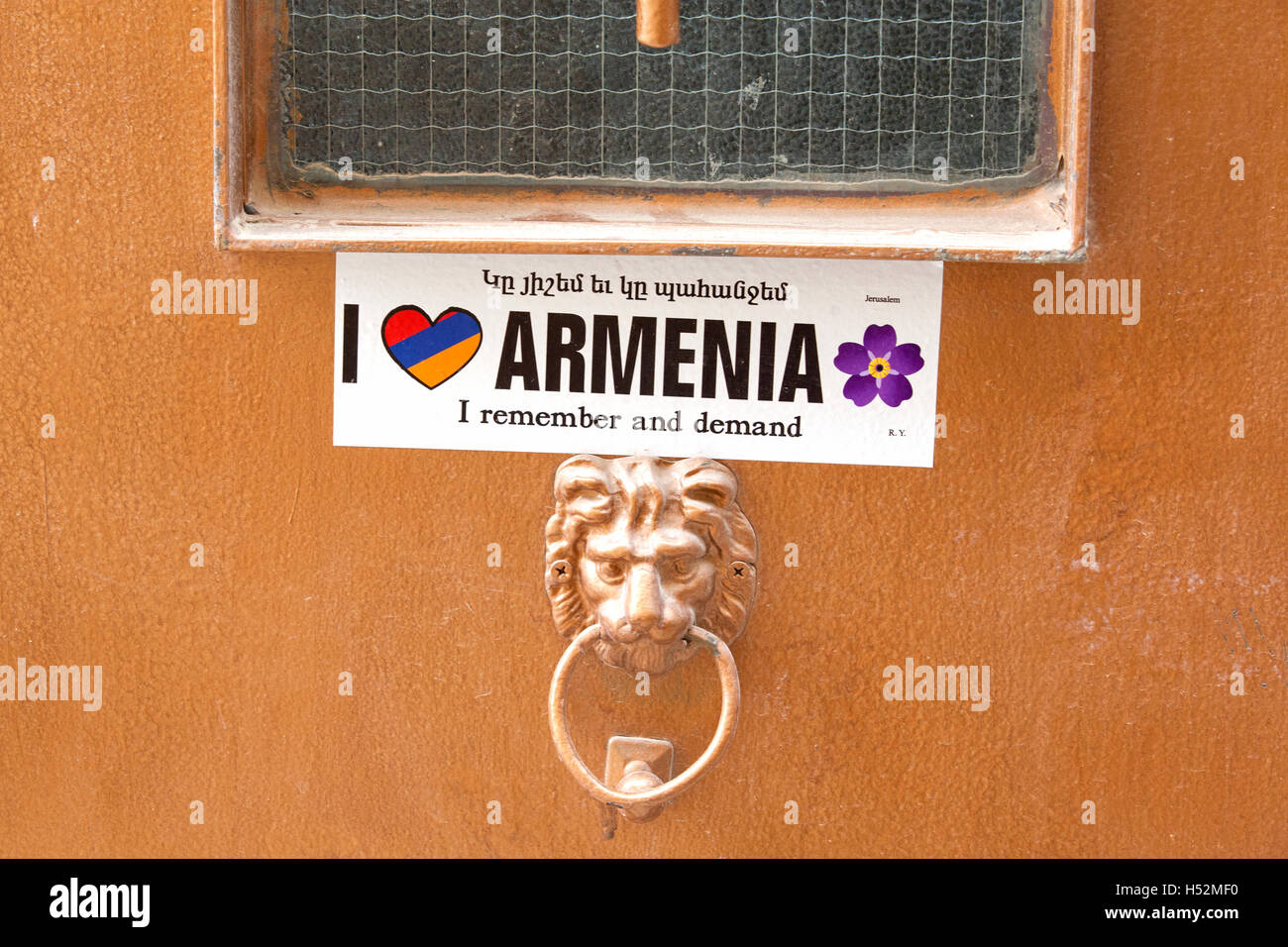 'I Love Armenia' at the entrance door of a house in the Armenian quarter. Jerusalem Old City, Israel. Stock Photo